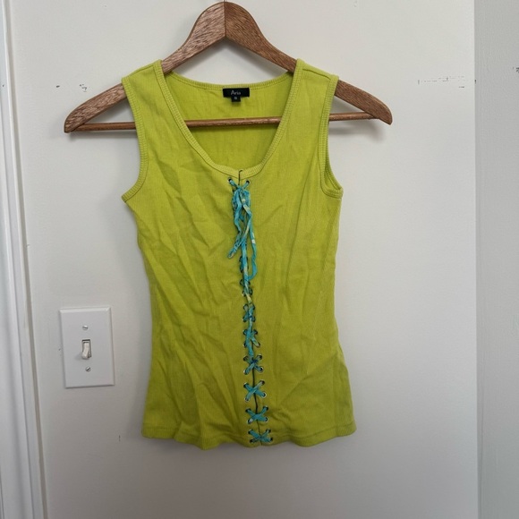 Vintage Lime Green Tank Top with Blue Lace-Up Detail punk goth y2k S - Picture 3 of 5